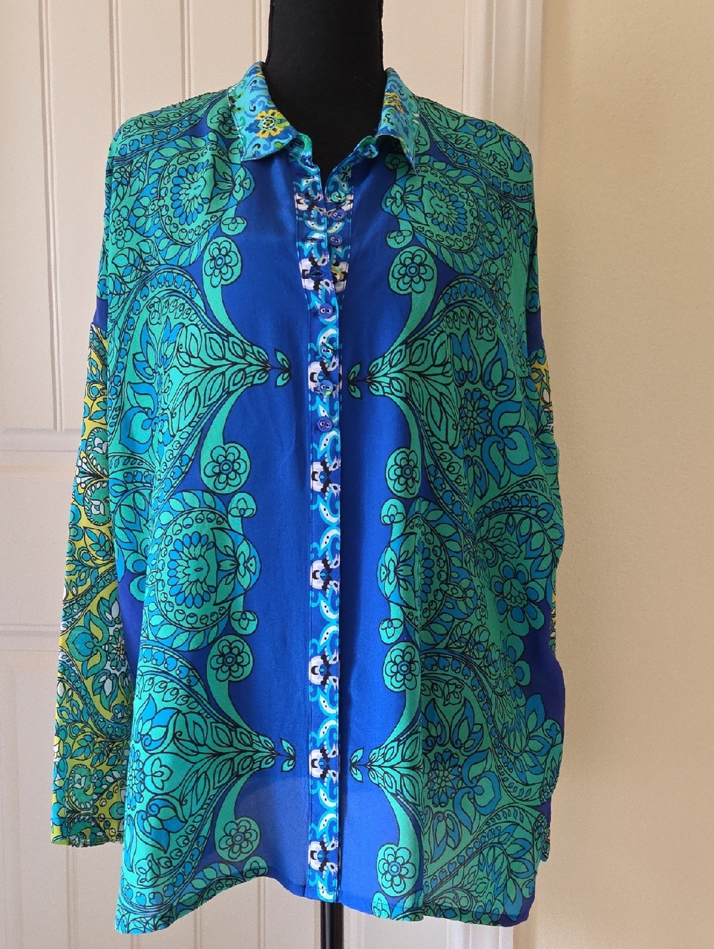 Johnny Was Slim Audrey Silk Shirt Blouse, Diomedes, Size L NWOT